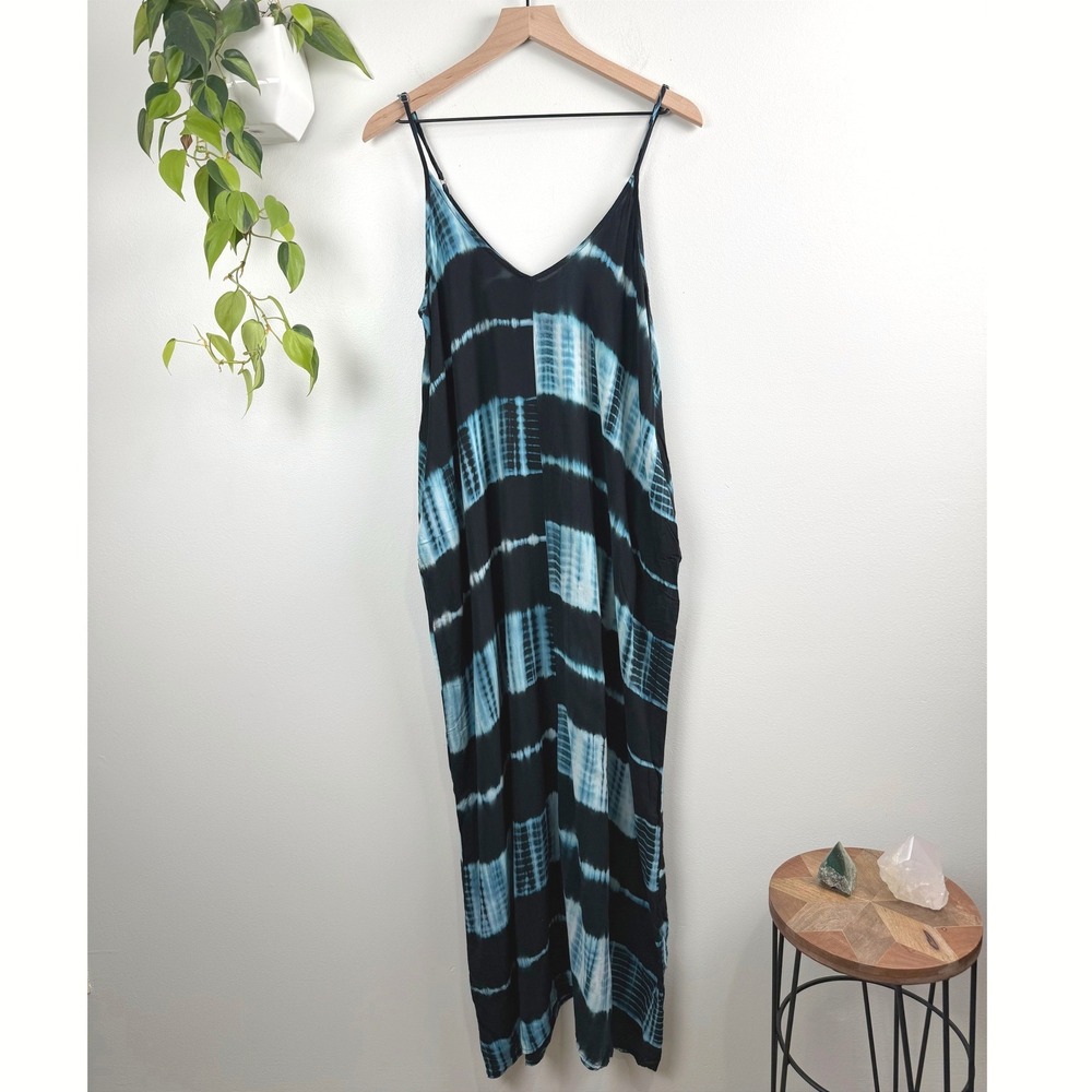 Lovestitch Mila Tie Dye Maxi Cocoon Dress Blue Black Rayon Boho M/L Beach Resort